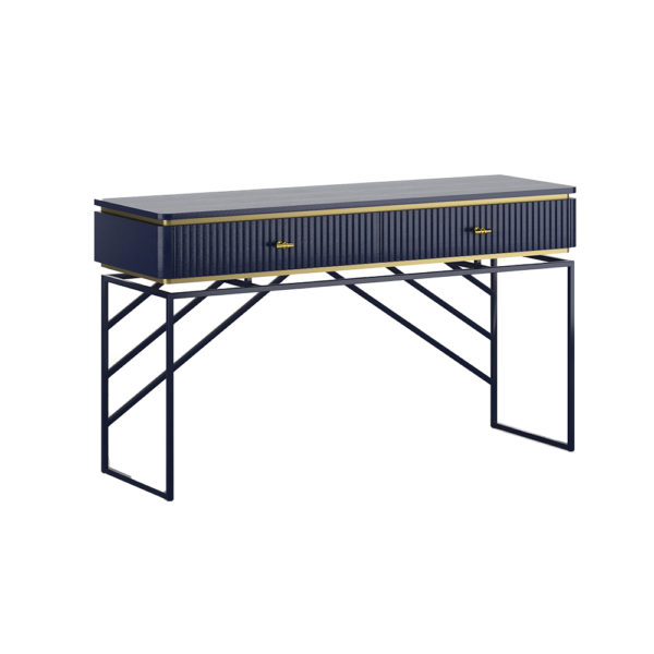 Консольный стол синего цвета, на металлическом основание